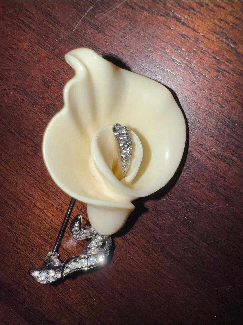 Nolan Miller Cream Calla Lily Brooch with Silver Crystal Stem